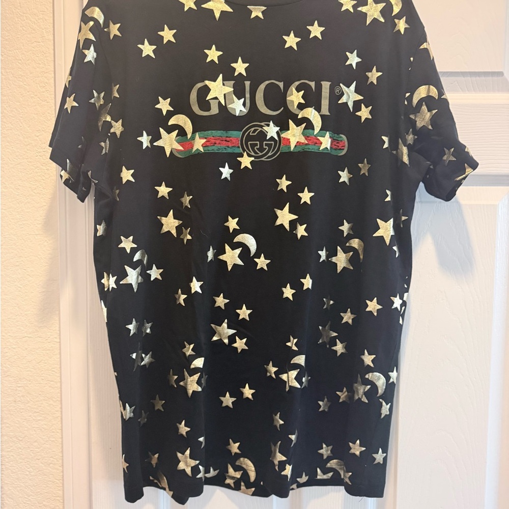 Gucci Black Tee with Gold Stars and Moons - Picture 1 of 6